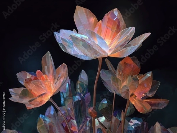Fototapeta Stunning Crystal Lotus Flowers Glowing Petals Abstract Gemstone Composition Dark Background Artistic Botanical Illustration