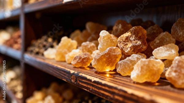 Fototapeta Close-up of amber-colored resin pieces displayed on wooden shelves in a market setting