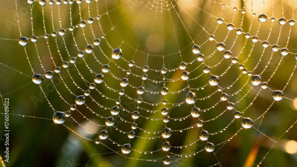 Fototapeta Spiderweb covered in dewdrops glistening in morning light