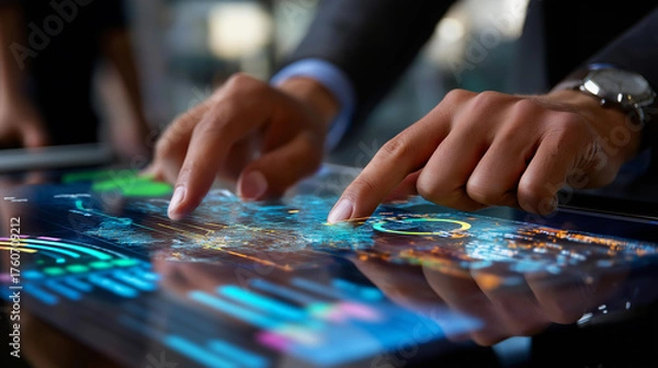 Fototapeta Business hands touching transparent screen with multi page BI report interactive visualizations drill down analytics executive dashboard suit visible face obscured