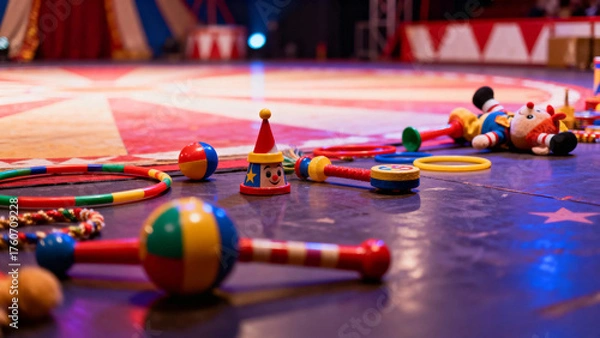 Fototapeta Colorful circus props scattered on a stage floor, including juggling balls, hoops, and toys.