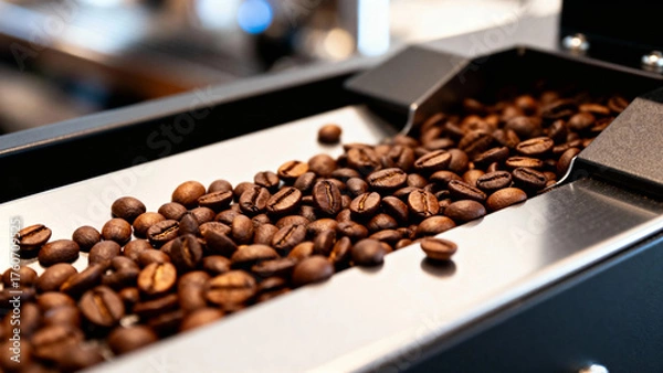 Fototapeta Roasted coffee beans moving along a conveyor belt in a processing machine
