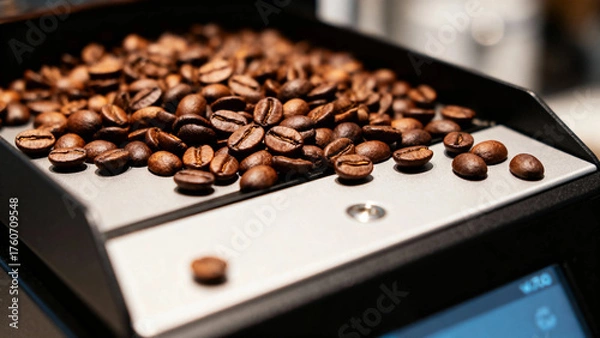 Fototapeta Roasted coffee beans on a digital scale in a close-up view