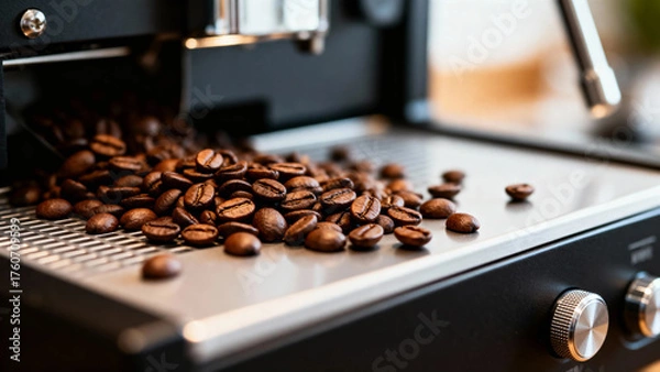 Fototapeta Roasted coffee beans scattered on a coffee machine tray
