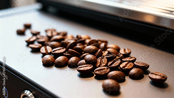 Fototapeta Roasted coffee beans scattered on a flat surface of a kitchen appliance