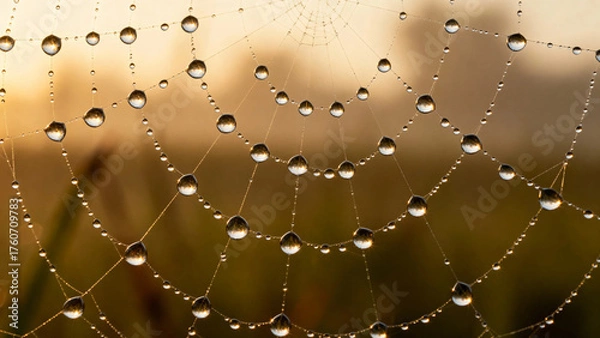 Fototapeta Dewdrops on a spiderweb at sunrise, glistening in the morning light