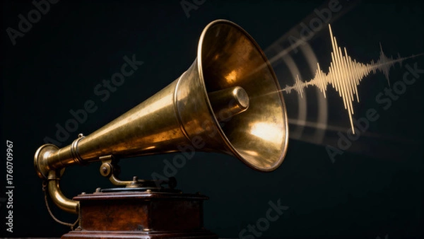 Fototapeta Vintage gramophone with sound wave emanating from its horn against a dark background
