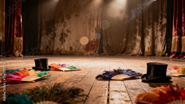 Fototapeta Empty stage with top hats and colorful feather fans on wooden floor, vintage theater setting