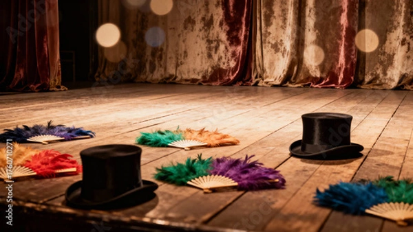 Fototapeta Stage with top hats and colorful feather fans arranged on wooden floor