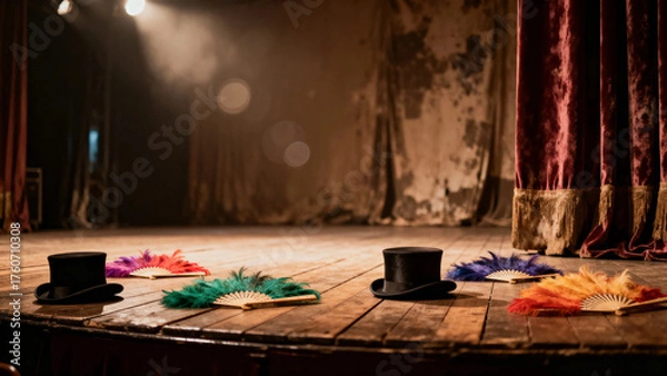 Fototapeta Empty stage with top hats and feather fans under dramatic lighting