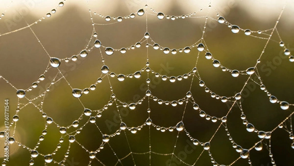 Fototapeta Close-up of a spider web with dew drops glistening in morning light