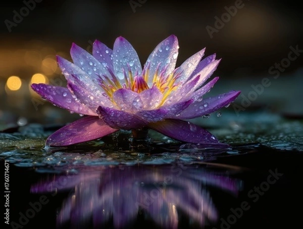 Fototapeta Vibrant Purple Water Lily, Dew Droplets, Dark Background, Serene Floral Closeup, Fresh Bloom Reflection, Dreamlike Aqua Still Life, Luminous Petal Texture, Calm Water Surface, Artistic Flower Deta
