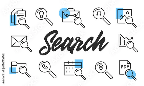 Fototapeta Search poster. Search banner design with magnifier icons. Document, Email, Calendar, Photo, Chart icons. Simple poster for presentations, covers. Banner template. Vector illustration.