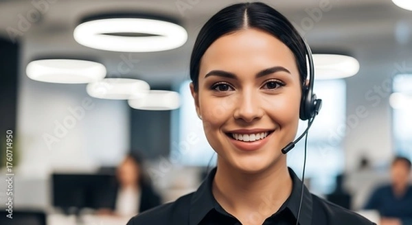Obraz Smiling woman in headset working as a customer service representative