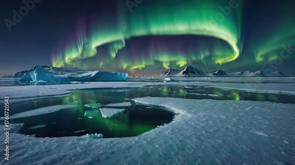 Fototapeta Majestic Aurora Borealis Illuminating Arctic Landscape with Icebergs and Reflections at Night