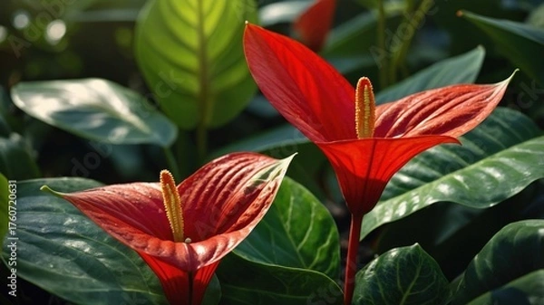 Fototapeta Vibrant red anthurium flowers bloom amidst lush green foliage in a serene garden setting