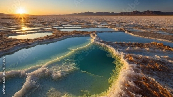 Fototapeta Stunning sunrise over a salt flat with reflective pools and rugged mountains in the background