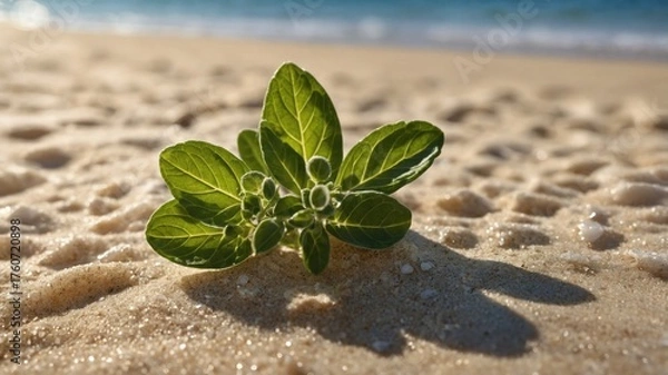 Fototapeta Green plant emerging from sandy beach, with ocean waves in the background under bright sunlight