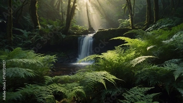 Obraz Serene waterfall cascading through lush ferns in a tranquil forest, with sun rays filtering through trees