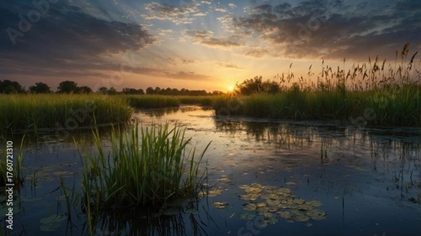 Obraz Serene sunset over a tranquil wetland with lush grasses and lily pads reflecting golden hues