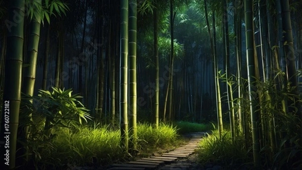 Fototapeta Serene bamboo forest pathway illuminated by soft light, leading into a tranquil green wilderness