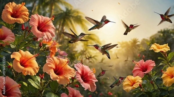 Fototapeta Vibrant hummingbirds hovering around colorful hibiscus flowers in a lush tropical setting at sunset