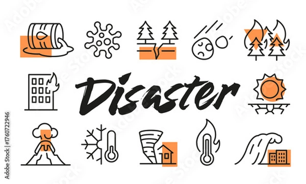 Fototapeta Disaster poster. Disaster poster design with hazard icons. Volcano, Flood, Earthquake, Fire, Virus, Heatwave icons. Simple banner for alerts or info. Vector illustration.
