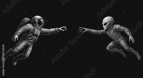 Obraz Black and white dotwork vector illustration of an astronaut and an alien flying toward each other in outer space, symbolizing first contact between humanity and extraterrestrial civilization