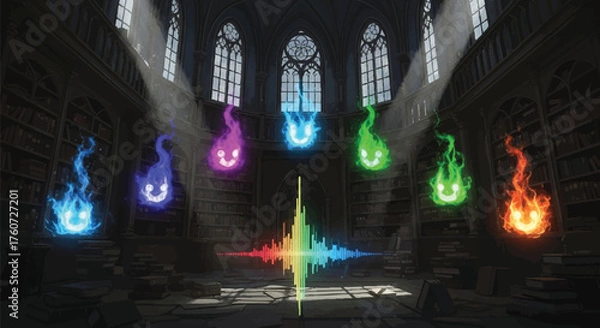 Obraz Colorful spectral entities and music visualization within an old library setting, ethereal and mystical