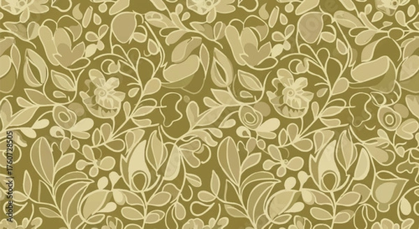 Obraz Monochromatic floral pattern illustration with elegant botanical elements and flowing leaves on a green background, seamless repeat design