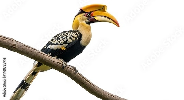 Obraz A Great Hornbill bird with a large yellow and black beak perched on a branch against a white background.