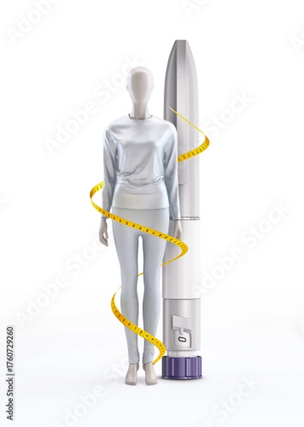 Obraz Weight loss. Mounjaro injection pen, GLP-1. Medical treatment for obesity, weight management, body transformation, fat reduction, calorie control. Overweight vs slim, wellness motivation. 3D concept
