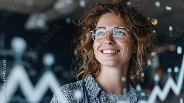 Obraz Entrepreneur woman smiling with digital graphs overlay in background