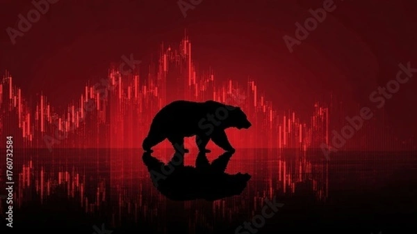 Fototapeta Recession concept with bear silhouette on red stock chart