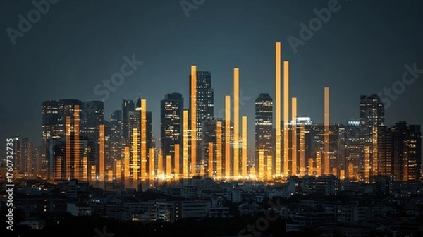Obraz City skyline with overlay of glowing financial bar charts