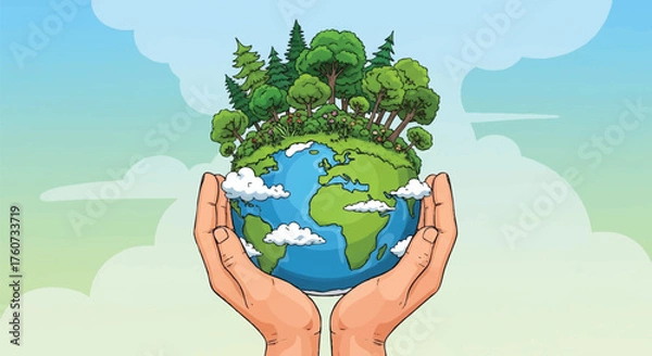 Obraz Protecting Our Planet Hands Holding Earth with Trees and Clouds
