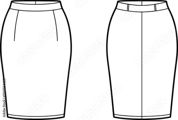 Obraz Pencil skirt fashion sketch vector, waistband, vertical darts, center back seam, fitted silhouette, front and back view, garment design illustration