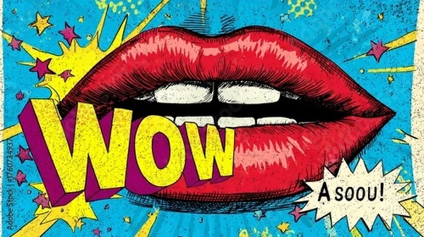 Fototapeta Playful pop art comic panel featuring exaggerated lips and speech bubble saying WOW in bright colors