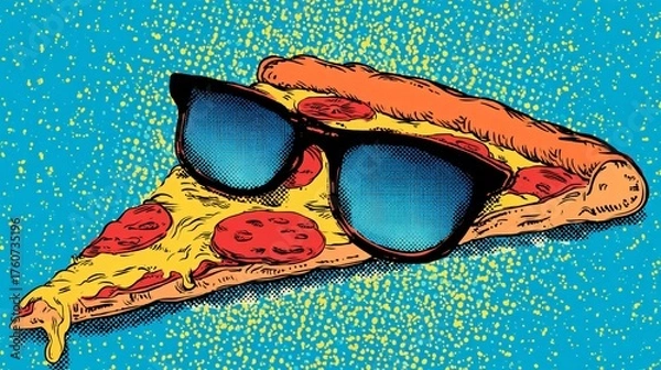 Fototapeta Funny cartoon pizza slice with sunglasses in vibrant pop art halftone style