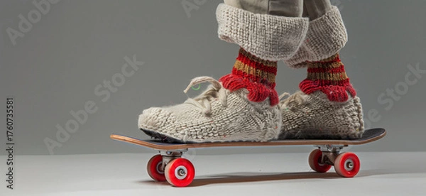 Obraz Knitted slippers with red striped socks riding skateboard in studio minimal style, surreal cozy winter fashion concept. Perfect for advertising, branding, posters, playful campaigns, and social media 