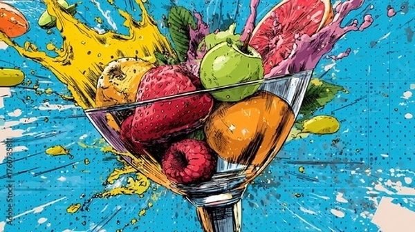 Obraz Pop art cocktail glass exploding with colorful fruit in comic palette