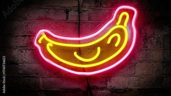 Fototapeta Pop art neon banana peel with cheeky smile