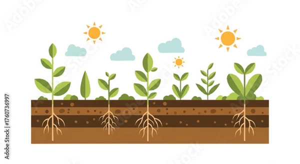 Obraz Vibrant vector illustration of green plants in various growth stages, deeply rooted in fertile soil with sun and clouds, symbolizing natural development and ecological vitality