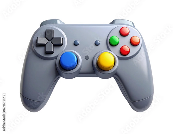 Obraz Retro style grey gamepad for video gaming, featuring a d-pad, joysticks, and colorful buttons. A 3D illustration of a classic console accessory isolated on a white background