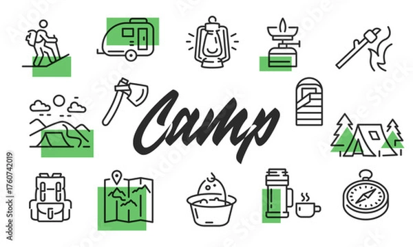 Fototapeta Camp poster. Camp poster design with Tent, Backpack, Campfire, Sleeping Bag, and Hiking icons. Simple poster for presentations, covers. Banner template. Vector illustration.