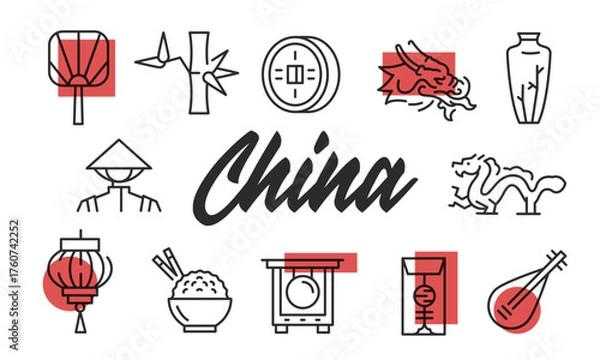 Obraz China poster. China poster design with Fan, Dragon, Lantern, Bamboo, and Rice Bowl icons. Simple poster for presentations, covers. Banner template. Vector illustration.