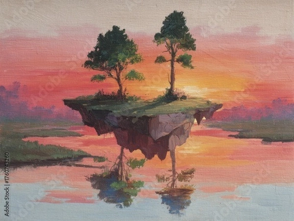 Fototapeta Impressionistic Landscape Painting Floating Island Sunset Reflection Trees Water Pink Orange Sky Ethereal Serene Tranquil Artistic Scenery