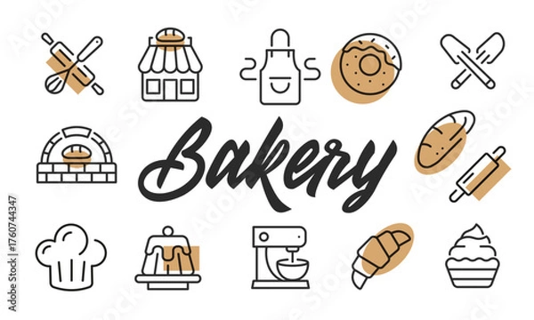 Fototapeta Bakery poster. Bakery poster design with Bread, Croissant, Doughnut, Rolling Pin, and Mixer icons. Simple poster for presentations, covers. Banner template. Vector illustration.