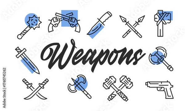 Fototapeta Weapons poster. Weapons poster design with arms icons. Sword, Knife, Axe, Spear, Gun icons. Simple poster for presentations, covers. Banner template. Vector illustration.