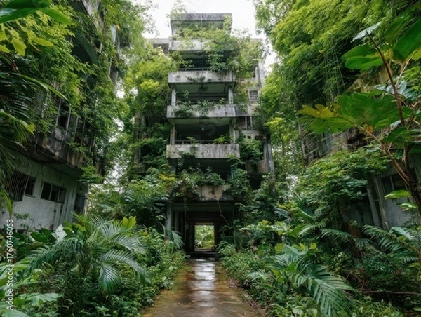 Fototapeta Imposing Concrete High-Rise Structures Reclaimed by Wild Tropical Vegetation, Abandoned Buildings in Lush Jungle Setting, Pathway Leads to Overgrown Entrance of Deserted Development